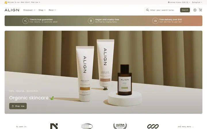Align Shopify teması demo mağaza görünümü
