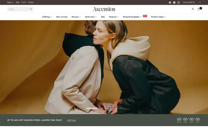Ascension Shopify teması demo mağaza görünümü