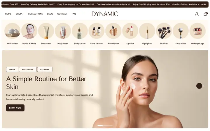 Dynamic Shopify teması demo mağaza görünümü