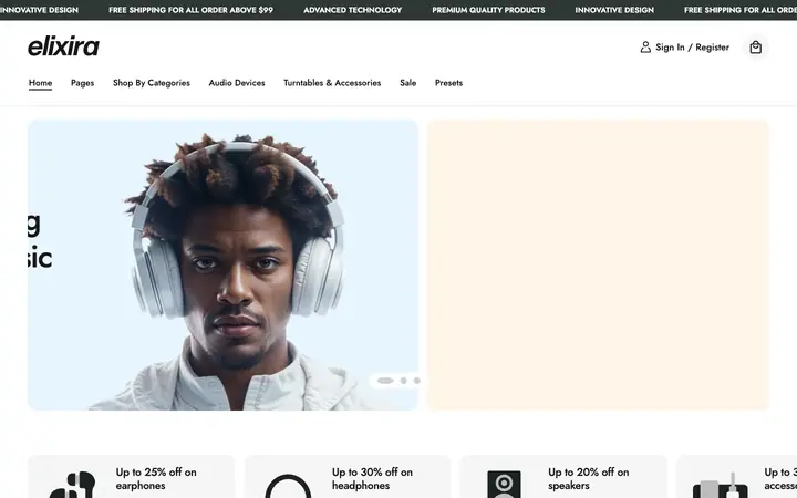 Elixira Shopify teması demo mağaza görünümü