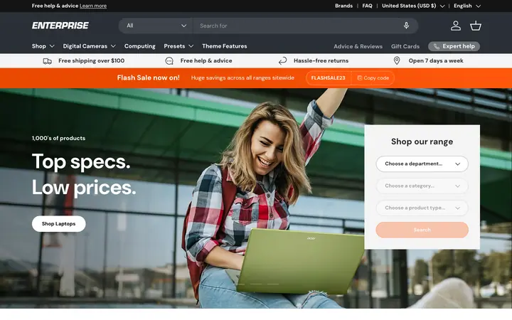Enterprise Shopify teması demo mağaza görünümü