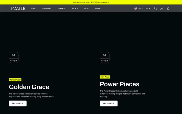 Master Shopify teması demo mağaza görünümü