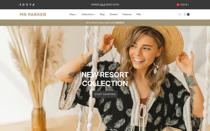 Mr-Parker Shopify teması demo mağaza görünümü