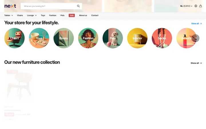 Next Shopify teması demo mağaza görünümü