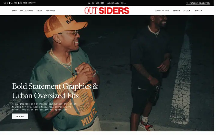 Outsiders Shopify teması demo mağaza görünümü