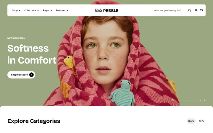 Pebble Shopify teması demo mağaza görünümü