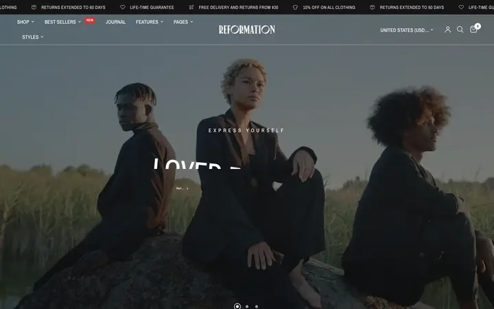 Reformation Shopify teması demo mağaza görünümü