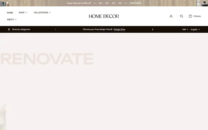 Renovate Shopify teması demo mağaza görünümü