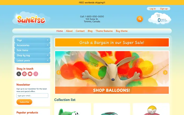 Sunrise Shopify teması demo mağaza görünümü