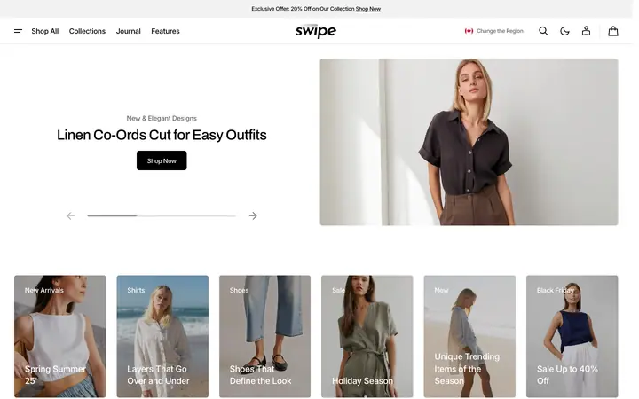 Swipe Shopify teması demo mağaza görünümü