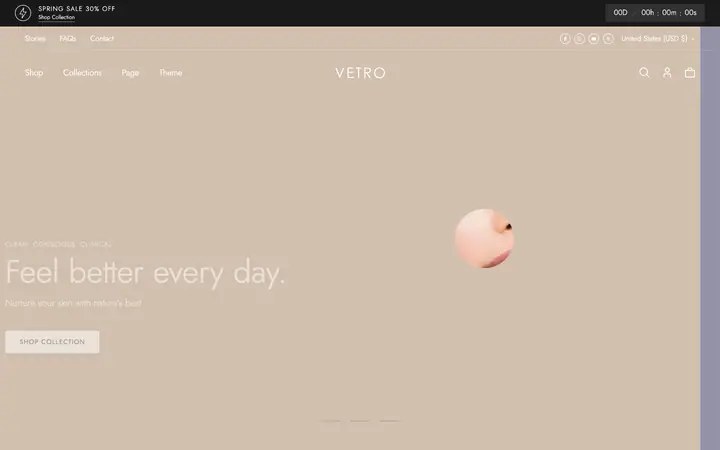 Vetro Shopify teması demo mağaza görünümü