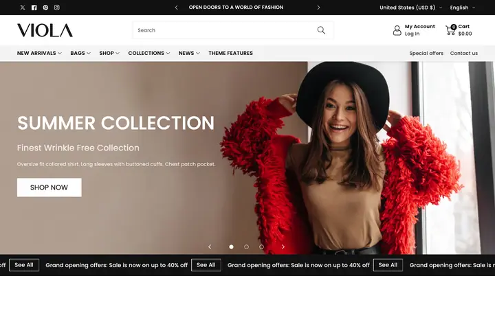 Viola Shopify teması demo mağaza görünümü