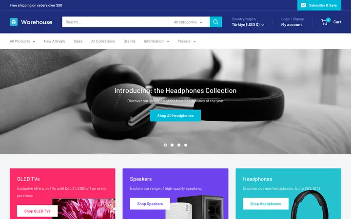 Warehouse Shopify teması demo mağaza görünümü